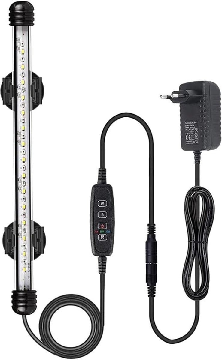 Aquarium LED verlichting twee kleuren licht, blauw en wit licht. Apart regelbaar. Lengte led aquariumlamp 18 cm met 9 led's blauw en wit. Aquarium verlichting die in het water kan. Onderwater ledlamp van 18 cm.